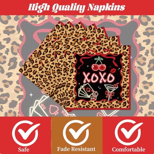 Cheetah Print Birthday Decorations - 96 Pcs Cheetah and Cherry Party Plates Napkins Forks Tableware Set, Red Leopard Print Supplies for Women Birthday Party Serves 24 - Image 3