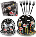 Black Spider Birthday Party Supplies - 96PCS Black Spider Birthday Party Plates and Napkins Forks Disposable Tableware Birthday Parties Table Dinnerware Baby Shower Plates Serve 24 Guests by WelcometoAndiCppss