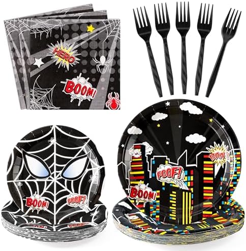 Black Spider Birthday Party Supplies - 96PCS Black Spider Birthday Party Plates and Napkins Forks Disposable Tableware Birthday Parties Table Dinnerware Baby Shower Plates Serve 24 Guests by WelcometoAndiCppss