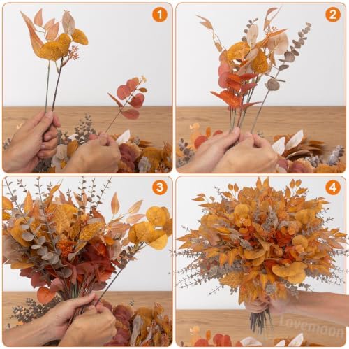 lovemoon 130 Pcs Fall Mixed Greenery Artificial Eucalyptus Stems, Orange - Image 7