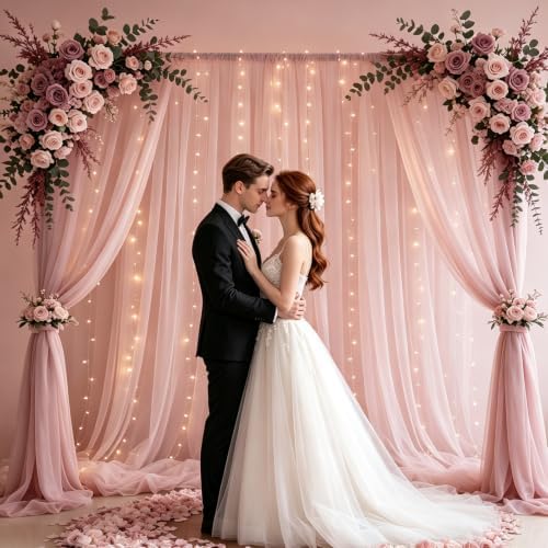 Tulle Backdrop Curtain with Lights String 10FT X 10FT Wrinkle Free Dusty Rose Sheer Tulle Backdrop Curtains for Wedding Birthday Party Reception Photo Booth Background Decorations (2 Panels 5x10FT) - Image 6