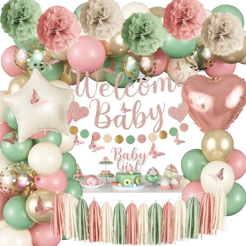 Baby in Bloom Baby Shower Decorations, Sage Green Dusty Blush Pink Gold Sand White Latex Confetti Balloons with Banner Cake Topper Pom Poms Tassel for Girls Boho Fairy Floral Birthday Party Decoration by Paeyeq