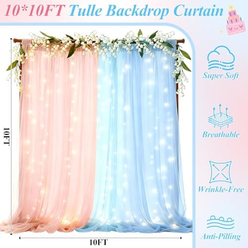Ledido 10×10ft Pink Blue Tulle Backdrop Curtain with Light(2 Panels 5×8ft) - Image 2