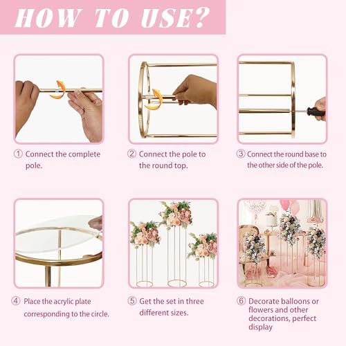 3PCS Cylinder Pedestal Stands for Parties, Gold Metal Plant Round Cylinder Stands for Party Flowers, Display Columns Pedestal Stand Cylinder Tables for Vases Birthday Party Backdrop Decorations - Image 5