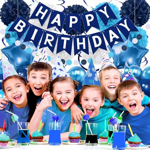 Navy Blue Birthday Decorations, Happy Birthday Banner with Paper Pompoms, Hanging Swirls, Garland, Party Balloons Happy Birthday Party Decorations for Women Men Boys Girls - Image 5