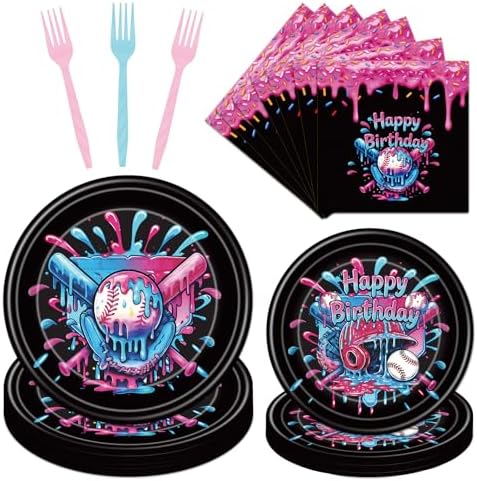 Baseball Drip Birthday Party Decorations - 96 Pcs Baseball Ice Cream Drip Plates Napkins Forks Tableware Set, Black and Pink Ice Cream Drip Dinnerware for Boys Girls Serve 24 by Pinglooko
