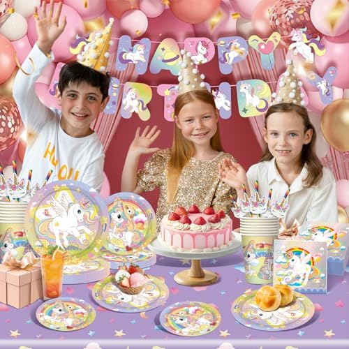 146Pcs Unicorn Plates and Napkins Party Supplies Includes Plates, Napkin, Fork, Cup, Straw, Tablecloth, Banner for Unicorn Baby Shower Birthday Party Decorations, Serves 24 - Image 2