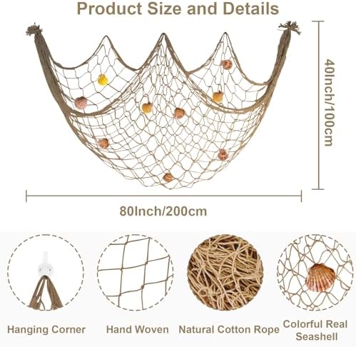 80x40'' Decorative Fishing Net w/Shells, Clips, Hanging Photo Display Net - Image 2