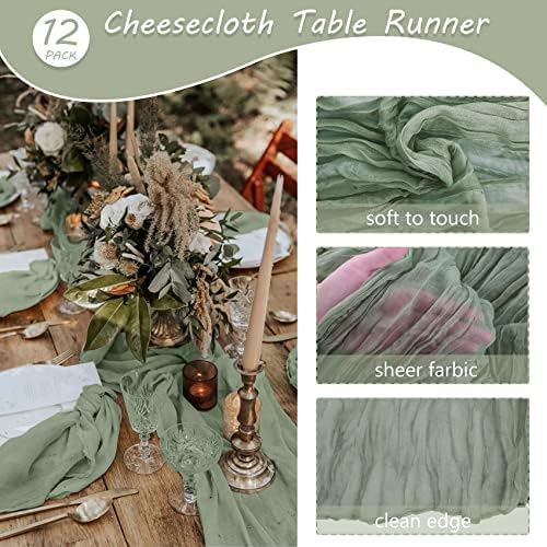 35x157 Inch Sage Green Cheesecloth Table Runner Fall Boho Wedding Decor - Image 4