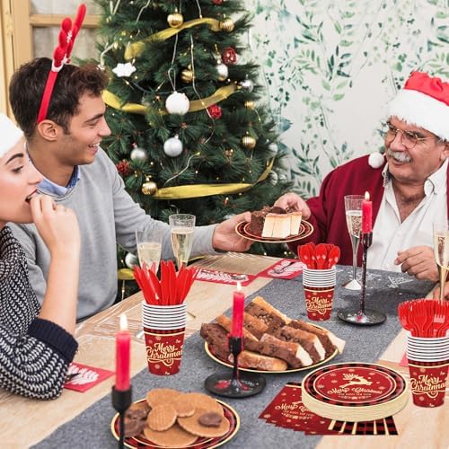 175 Pcs Merry Christmas Party Supplies Set - Serves 25, Festive Red and Black Plaid Disposable Tableware, Includes Paper Plates, Cups, Napkins, Forks, Spoons, Knives for Xmas Holiday Celebrations - Image 6