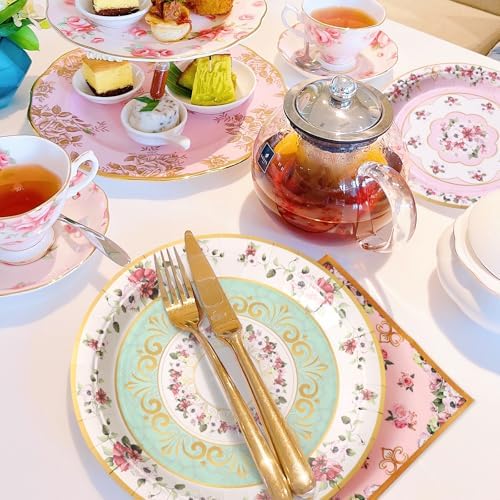 96 PCS Floral Paper Plates, Pink and Green Vintage Floral Paper Plates and Napkins Party Supplies for Birthday Bridal Shower Picnic Tea Time, Serve for 24 Guests - Image 4
