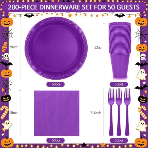 200pcs Purple Plastic Plates Party Supplies, Disposable Purple Party Plates, 50 of Each 9" Dinner Plate, Napkins, Cups & Cutlery Dinnerware Party Decorations for Birthday, Wedding, Halloween - Image 2