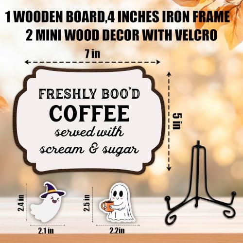 Halloween Table Sign 5x7 Inch Ghost Decor, Rustic Party Centerpiece with Metal Stand & 2 DIY Stickable Wood Decor, Freshly Bood Coffee Table Decoration for Home & Party Display - B06 - Image 2