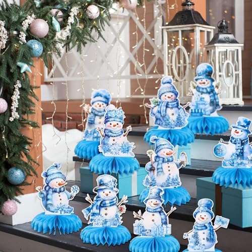 Whaline 10Pcs Winter Honeycomb Centerpieces Blue Watercolor Snowman Honeycomb Decor Winter 3D Table Decoration for Xmas Holiday Birthday Party Supplies - Image 6