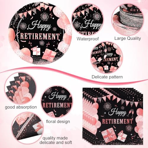 Funnymoom 452 Pcs Retirement Party Decorations Supplies Set Include Rose Gold Retirement Paper Plates Napkins Cups Tablecloth Cutlery Straws for Men Women Say Goodbye Party - Image 3