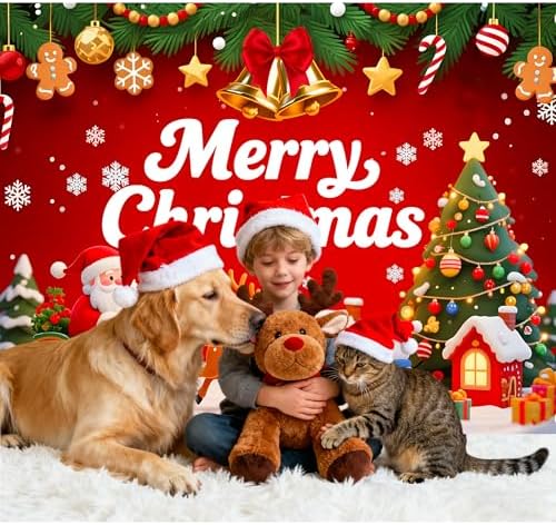 7x5ft Merry Christmas Backdrop Christmas Party Decoration Banner Xmas Backdrops for Wall Snowy Winter Santa Claus Elk Gifts Banner New Year Eve Family Party Supplies with 19.68ft Ribbon - Image 4