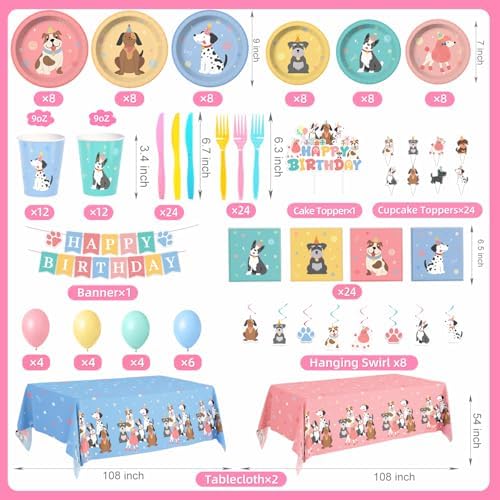 198 Pcs Pet Dog Birthday Party Supplies (Serves 24), Vintage Puppy Face Party Tableware Birthday Party Decorations Set Include Banner Plates Napkins Cups Forks Knifes Tablecloth Topper for Party - Image 4