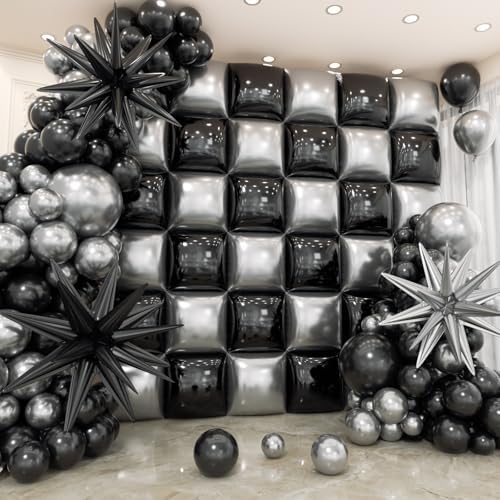 36pcs Black and Silver Square Foil Balloons Wall Backdrop with 147pcs Balloon Garland Arch Kit, Double Sided Balloons for Birthday Anniversary New Year Graduation Prom Party Decorations by Unknown
