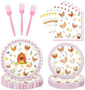 Chicken Birthday Tableware Decorations - 96PCS Chick Plates Napkins and Forks Party Supplies, Disposable Farm Animal Baby Shower Decor for Boys Girls Serve 24 by Pinglooko