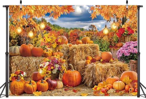 Autumn Harvest Backdrop Fall Farm Pumpkin Hay Bale Photography Background - Image 2