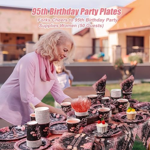 250PCS 95th Birthday Party Decorations for 50 Guests Black and Rose Gold Party Supplies for Women Include Disposable Paper Plates, Napkins, Cups, and Disposable Plastic Cutlery (95) - Image 6