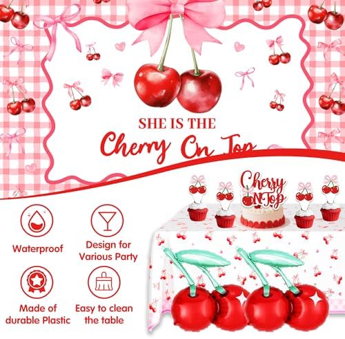 Cherry on Top Baby Shower Decorations for Girl - Red Pink Party Supplies Include Balloon Garland Arch, Backdrop, Tablecloth, 4 Boxes, Foil Balloons - She is the Cherry On Top Decor Gingham Check - Image 6