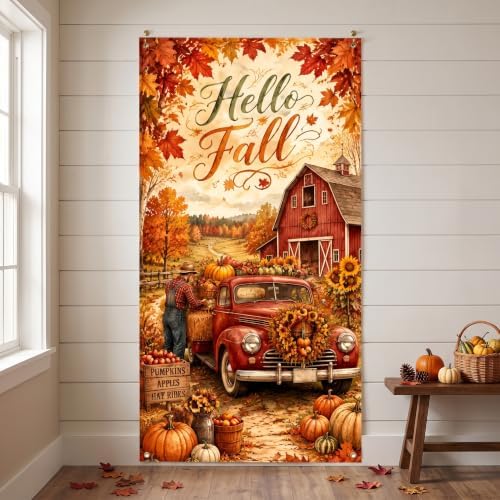 Hello Fall Vertical Door Banner 35×71 Inch Vintage Red Truck Farmhouse Harvest Decor, Autumn Pumpkin Maple Leaf Front Door Hanging Flag for Thanksgiving Outdoor Porch Home Party Seasonal Decoration - Image 4