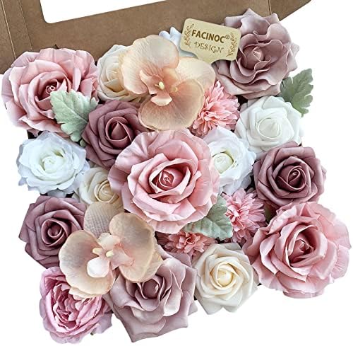 FACINOC Roses Artificial Flowers Pink Bouquet Dusty Fake Flower Box Set by FACINOC