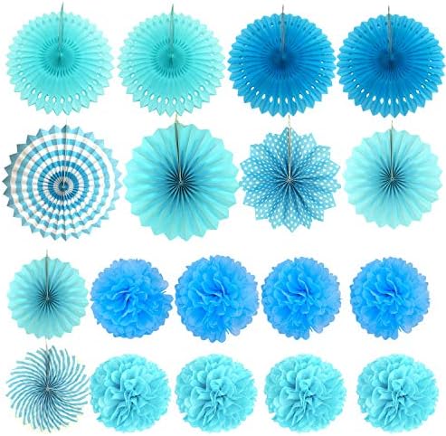 ZERODECO Party Decoration, 21 Pcs Blue Hanging Paper Fans, Pom Poms Flowers, Garlands String Polka Dot and Triangle Bunting Flags for Boy Birthday Parties, Bridal Showers, Baby Showers, Wedding - Image 7