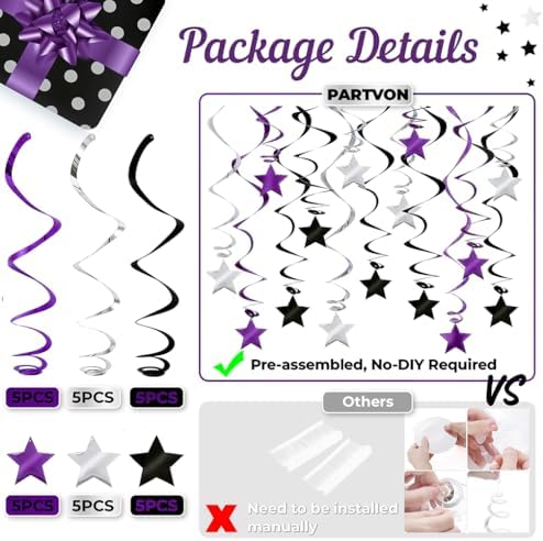 Purple Black Silver Hanging Swirl Decorations - 30 Pcs Metallic Ceiling Swirls with Foil Stars, Plastic Streamers for Graduation, Halloween, Birthday, Wedding, Baby Shower Party Supplies - Image 3