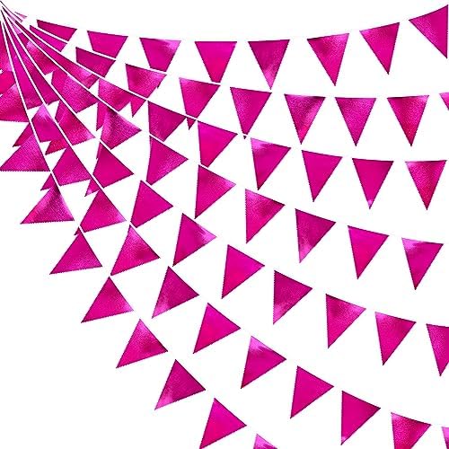 Hot Pink Party Decorations Triangle Pennant Banner Flag Rose Pink Metallic Fabric Bunting Garland for Birthday Bachelorette Wedding Bridal Shower Anniversary Flamingo Theme Party Supplies by pinkblume