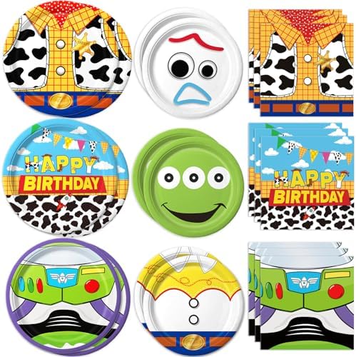 90Pcs Cartoon Birthday Party Supplies Cartoon Plates Napkins Tableware for Toy Theme Birthday Decor for 30 Guests by Practice+Star