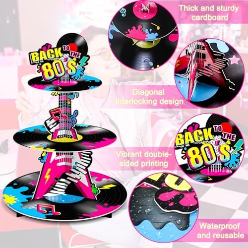 BenLouis 3Tier 80s Cupcake Stand Birthday Party Decorations - Image 3