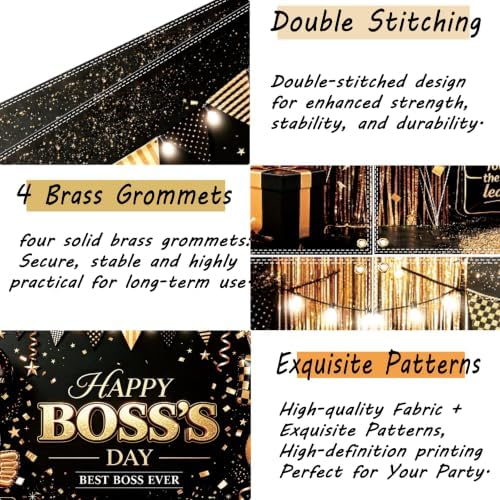 Black and Gold Happy Boss's Day Decorations Boss Day Backdrop Banner for Office Best Boss Ever Party Photo Props Background, Office Gatherings Party Decorations 83" x 59" - Image 4