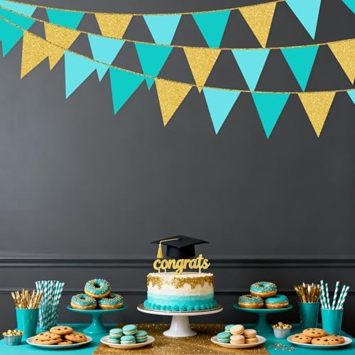 Teal Aqua Blue and Gold Party Decorations Pennant Banner Flag Hanging Glitter Paper Triangle Bunting for Birthday Graduation Bridal Shower Wedding Engagement Turquoise Party Decor Supplies - Image 7