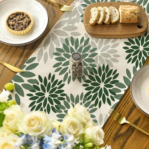 Artoid Mode Dark Green Dahlia Floral Pinnata Spring Table Runner, Seasonal Kitchen Dining Table Decoration for Home Party Decor 13x60 Inch - Image 4
