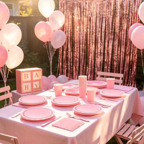 287PCS Pink Party Decorations Set, Complete 25 Guests Disposable Tableware Kit with Plates Cups Napkins Cutlery, Tablecloths, Foil Curtains, Balloon Boxes & Mixed Size Balloon Arch Kit - Image 5