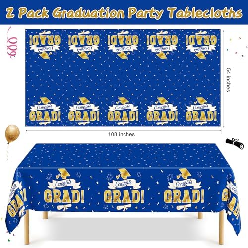 2Pack 2026 Graduation Decorations, 108" X 54" Graduation Tablecloth, Bluegold Disposable Table Cover for Grad Party Favors Supplies, Rectangle Plastic Tablecover for Class 2026 Congrats Grad for Kids - Image 2