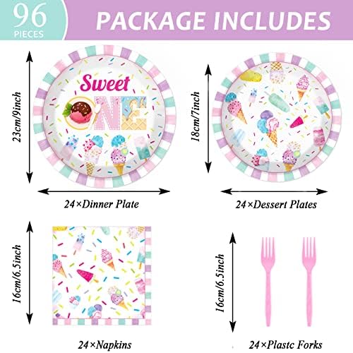 chiazllta 96Pcs Sweet One Ice Cream 1st Birthday Party Paper Plates and Napkins Supplies, Ice Cream First Birthday Tableware Decorations for Party Favors 24 Guests - Image 2