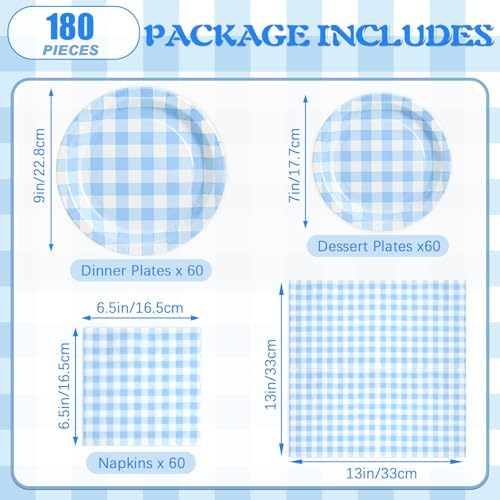 180Pcs Blue Gingham Party Supplies Paper Plates and Napkins Serve 60 - Image 2