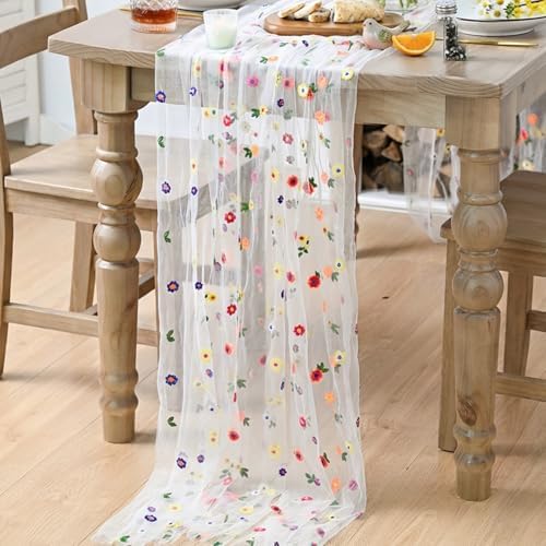 Artoid Mode 3PCS Embroidery Daisy Gauze Table Runner 120 Inch 10FT - Image 4