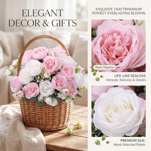 Geosar 8 Bundles Artificial Peonies Flowers,White and Pink - Image 3