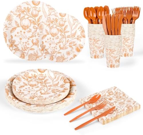 Fall Gold Floral Birds Fruits Disposable Paper Plates and Napkins Set by AimFun