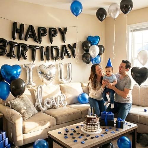 Blue Black Silver Balloons with I LOVE YOU & HAPPY BIRTHDAY Foil Balloons & Rose Petals for Romantic Special Night, Anniversary, Valentine Day, Birthday Decorations for Him, Bedroom, Hotel Room - Image 5