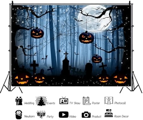 Misty Forest Backdrop Dark Spooky Halloween Eve Full Moon Blue Black Horror Spider Cemetery Hanging Pumpkins Background Photography Studio Photo Booth Props 10x6.5ft - Image 6