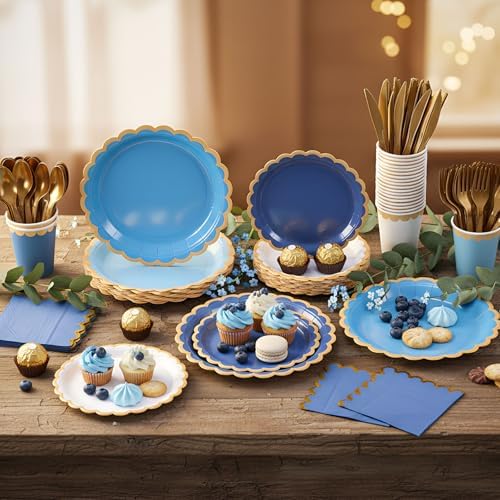 Mimorou 338 Pcs Blue Plates Napkins Cups Flatware Set - Image 2