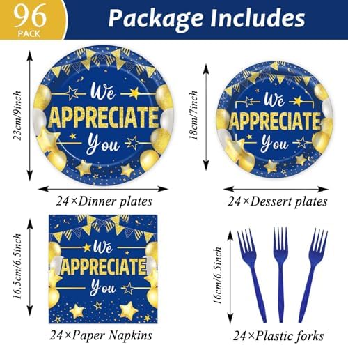 96Pcs We Appreciate You Party Plates and Napkins for Employee Staff Appreciation Blue Gold Supplies Work Anniversary Themed Plate Thank You Tableware Set for Teacher 24 Guests Party Decorations - Image 2