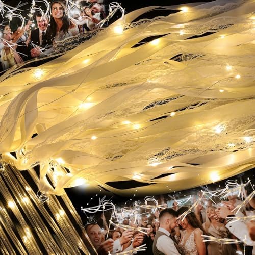 100 Pcs Wedding Wands Ribbon with 3 Colorful Flashing Modes, Light up LED Silk Fairy Wands, Glow Lace Stick with Bells for Wedding Reception, Graduation, New Year, Birthday Party (Warm White) - Image 2