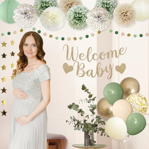 Amandir Sage Green Baby Shower Decorations Welcome Baby Banner - Image 6