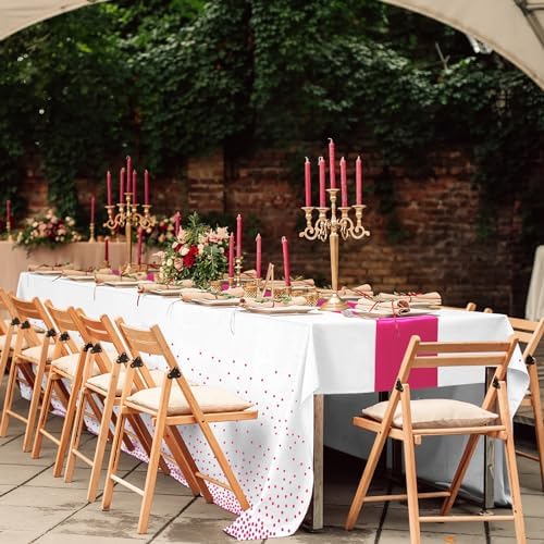 MASHAN 8Pack Disposable Plastic Party Tablecloths & Satin Table Runner Set - White Hot Pink Dot - Wedding, Birthday, Baby Shower - 54 x 108 Inch - Image 7